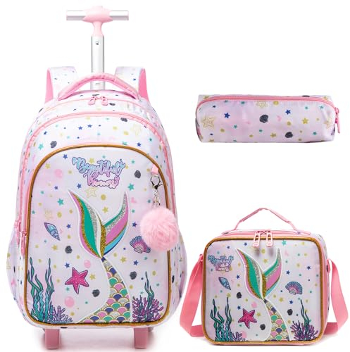 HTgroce Schulranzen Mit Rollen Schulranzen Trolley Mädchen Rucksack Mit Rollen Rolling Backpack School Bag Trolley Grundschüle Kinderkoffer