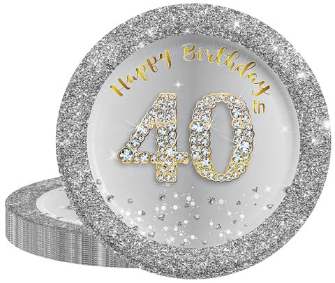 40th Party Plates 7 inch Silver Gold,40th Birthday Paper Plates Silver 16Pcs,40th.SilverGold BirthdayParty Paper Tableware Set for Him Her Birthday Gifts,40thMen Women BirthdayParty Decorations