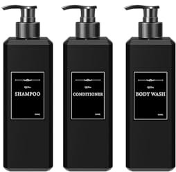 QlyYea Seifenspender Schwarz Matt, 3 Stück 500ml Shampoo Flaschen zum Befüllen, Seifenspender Kunststoff Mit Aufklebern für Küche und Badezimmer, Schwarz Matt