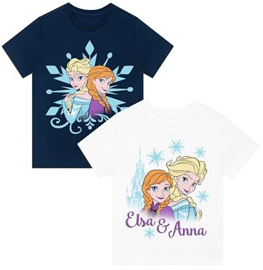 Disney T Shirt | 2 Pack Girls Tshirt | Anna and Elsa Tshirt | Frozen Girls' T-Shirts | Multicolour 5-6 Years
