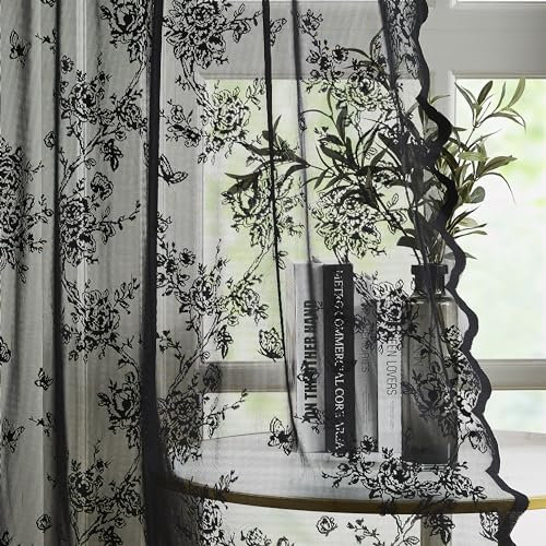 Bujasso Black Lace Curtains Vintage Floral Sheer Drapes 54 inch Rod Pocket Light Filtering Victorian Gothic Scalloped Window Treatment for Living Room Bedroom Halloween 54 Wx54 Lx2