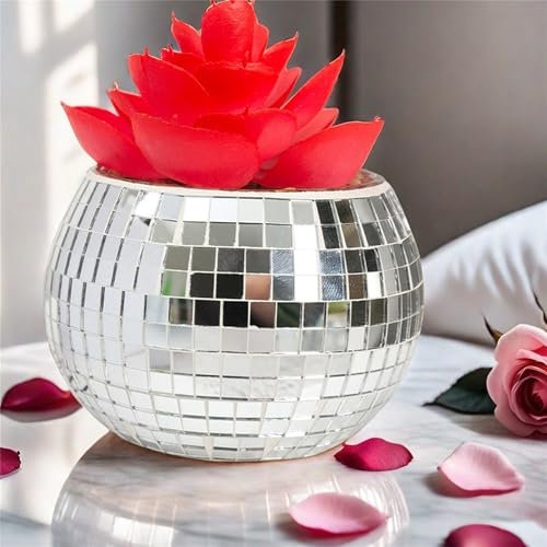 ROSEONE Discokugel Blumentopf,Klein Discokugel Vase,Discokugel Pflanztöpfe,Spiegelkugel Pflanzgefäß,Glas Disco Kugel Übertöpfe Discokugel Deko für Party Büro,Küche (Silber, 3 * 4 * 4 Zoll)