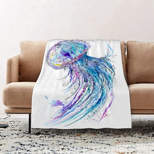 EOMKSE Kuscheldecke Flauschig Decke - weiche warme Fleecedecke 150x200cm als Decke Sofa,Quallen Aquarell und Tuschemalerei Kreative Meereskunst mit Blauer Medusa,Wohndecke oder Couchdecke überwurf