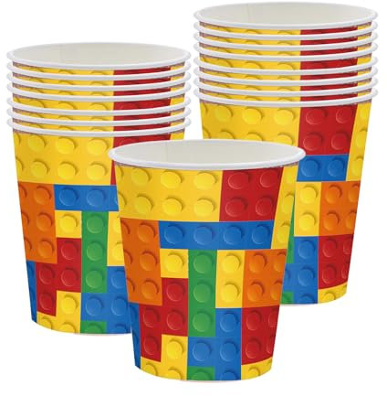 POPOYU 16 Stück Bausteine Pappbecher Geburtstagsdeko Set, Geburtstag Party Geschirr Set, Kindergeburtstag Set mit 250ml Pappbecher Geschirr Set für Babyshower Kinder Party Color-Cup