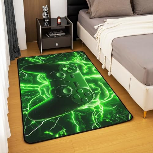 Gaming Teppich für Jungenzimmer, Cool 3D Neon Blitz Gamecontroller Teppich für Schlafzimmer Jungen Teenager, Flanell-Teppich, Gaming Zimmer Bereich Teppich, Gamer Teppich Läufer, 100x120 cm, Color4