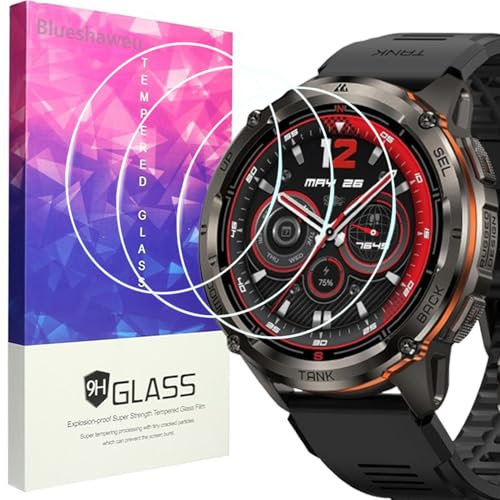 Blueshaweu 3 Pezzi Pellicola Protettiva in Vetro Temperato 【Durezza 9H】 Ultra Resistente - Alta Trasparenza, Antigraffio, Compatibile con KOSPET TANK T3 Ultra 2 Smartwatch. (Glass)