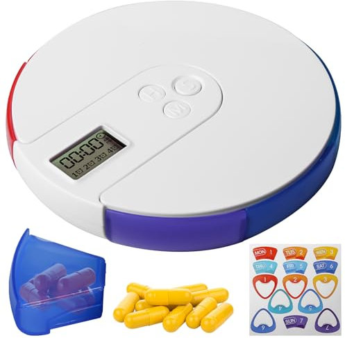 Tablettenbox 7 Tage mit Alarm, Medikamentenbox 1 Woche mit Timer und Wecker für Erinnerung, Tragbarer Tablettenspender, Farbige Tablettenbehälter, Tabletten Organizer für Medikamente, Pillendose