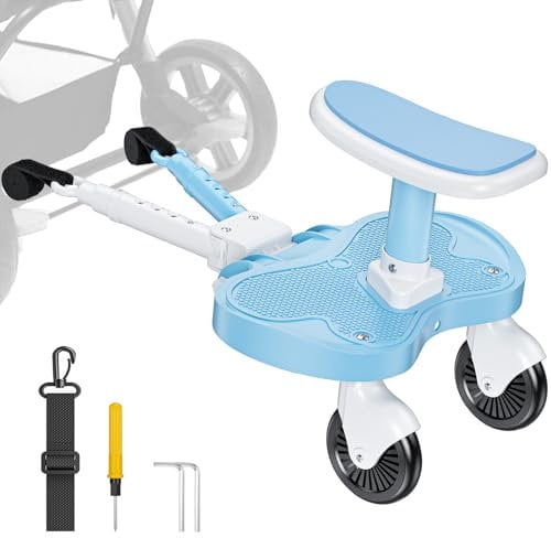 BugyKido Buggy Board, Universal Buggy Board with Seat for Children, Baby Kiddy Board, Stroller Accessory from 2-6 Years (25 kg), for Over 99% of Baby Carriages, Blue and White