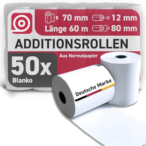 Gebongt24 Additionsrolle 70 mm x 60 m x 12 mm – holzfreies Normalpapier – 50 Kassenrollen mit ca. 80 mm Rollendurchmesser – ideal für Apotheken & Nadeldrucker passend für EPSON & Co.