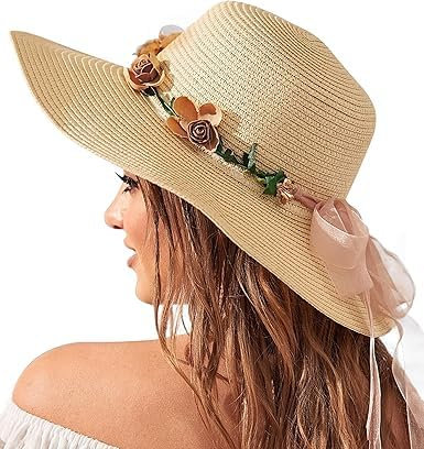 BelleVive Floral Beach Hats for Ladies, Ladies' Straw Sun Hat with Wide Brim, Sunhat with SPF 50+ UV Protection, Foldable Sun Hat, Perfect for Summer and Holiday Travels