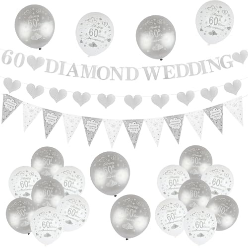 60th Wedding Anniversary Decorations, Sliver Wedding Diamond Anniversary Decorations, Glitter Happy 60th Anniversary Banners Balloons Bunting Flag Balloons for Party Supplies