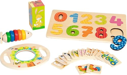 goki 6583 Geschenkset Abenteuer Natur – 5-teiliges Lernspielzeug-Set für Kinder ab 2 Jahren mit XL-Lupe, Zahlenpuzzle, Memo-Spiel Bauernhof, Würfelpuzzle Tiere & Fädelspiel Fisch Felix