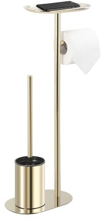 BGL Toilettenpapierhalter stehend mit WC-Bürste, Gold, 3-in-1 | Goldfarbene 3-in-1 WC-Garnitur mit Klobürste, Toilettenpapierhalter und Ablage; kompakt, freistehend und ohne Bohren.