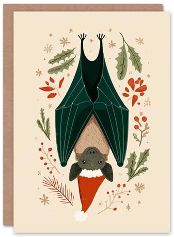 Artery8 Christmas Card Upside Down Bat in Santa Hat With Holly and Pine