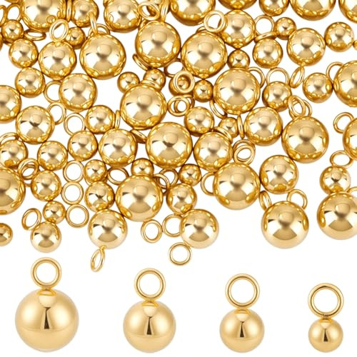 Beebeecraft 80 Stück 4 Größen Metall Rund Kugel Anhänger 18K Vergoldet 201 Edelstahl Kugel Kugel Anhänger Anhänger für Schmuck Herstellung Ohrringe Armbänder Halsketten DIY Bastelzubehör