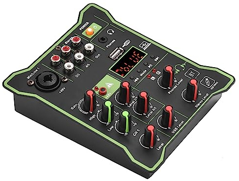 POENVFPO 5-Kanal-Audiomixer mit USB-Schnittstelle, Metall-Soundkonsole, 48-V-Phantomspeisung, Reverb-Effekt, 2-Stufen-EQ für DJ, Aufnahme, Karaoke, Live-Übertragung