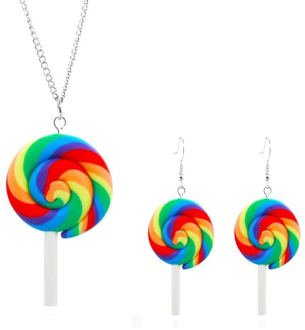 OIXYEY 1 Set Niedliche Lutscher Ohrringe, Lollipop Ohrringe Halskette, Candy Girl Kostüm Damen, Regenbogen Zuckerbonbon Haken Ohrringe, Für Halloween Karneval Anhänger, Frauen Und Mädchen A