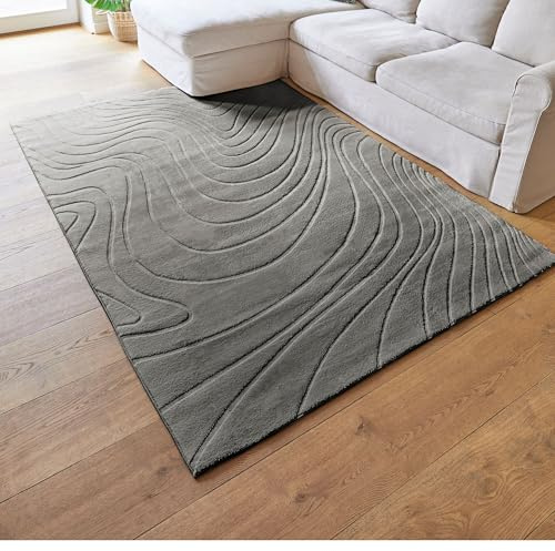 andiamo Teppich Dale - Kurzflorteppich mit Hoch-Tief-Effekt für das Wohnzimmer Schlafzimmer - Webteppich mit hoher Flordichte - angenehm weich - 80 x 150 cm in anthrazit