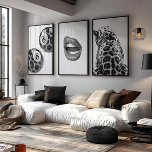Xiyocadt 3er Poster Set Trendiger Geparden,Sexy Lippen,Schwarz Weiß 8 Kugel Bilderwand,für Küche Wohnzimmer Deko Küche Aesthetic Deko,Ohne Rahmen (40x50cm)