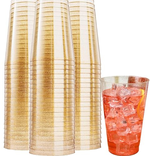 Sunshinestar 50stk Plastikbecher 300ml Hartplastik Partybecher mit Goldglitter, Mehrweg Kunststoff Trinkbecher, Cocktailgläser für Whiskey Pudding Mousse Party, Hochzeiten, Strand und Picknick