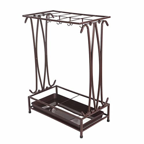 KELFEEAO Soporte para paraguas de hierro, soporte para paraguas con bandeja de goteo, 10 agujeros, 8 ganchos, organizador independiente para entrada, hogar, oficina, decoración de patio (Bronce)