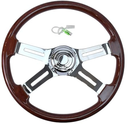 TIYPEOR 18'' Walnussholz-Lenkrad mit 4 Speichen und 2'' tiefer, verchromter Halterung, Innenausstattungszubehör für Sattelauflieger, kompatibel mit Kenworth, Peterbilt, Volvo, Freightliner Trucks