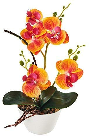 LOUHO Imiee Seidenblumen mit Topf, 31 cm hoch, künstliche Orchidee, Phalaenopsis-Arrangement, Blumen-Bonsai mit Vase für Zimmer, Tischdekoration, H: 30,5 cm (Orange)