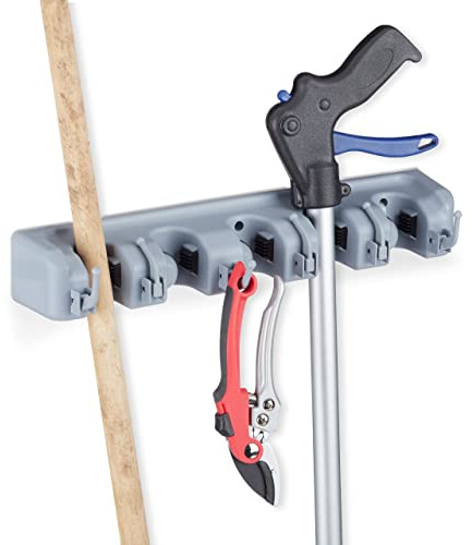 Relaxdays Porte-Balai en Fixation Murale, Lot de 2, 5 Supports muraux, 5 Crochets, Rangement à Outils pour Le Mur, 40 cm, PP, Gris