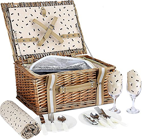 G Good Gain Panier de Pique-Nique en Osier 2 Personnes avec Grand Sac Isotherme et Couverture de Pique-Nique Imperméable en Osier Ensemble Panier Pique-Nique pour Camping, L'extérieur, Chirtmas