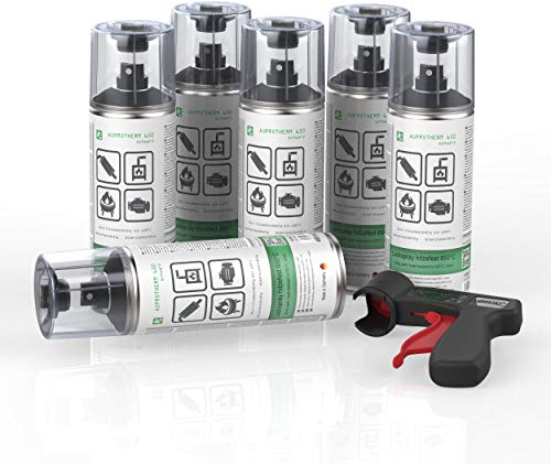 AUPROTEC Lackspray AUPROTHERM 650 schwarz Motor Lack Sprühlack Hitzefest 650°C Spray 6x 400ml + 1x Original Pistolengriff