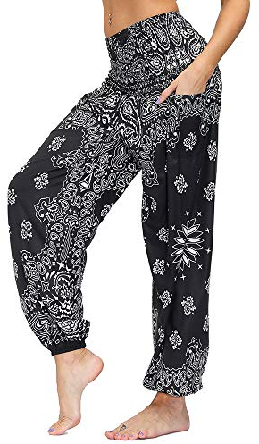 Nuofengkudu Frau Hippie Harems Hose Pumphose Haremshose Aladdinhosen Boho Gemustert Gesmockte Taille mit Taschen Yogahose Freizeithose Sommerhose Strandhose(Einheitsgröße,Y-Schwarz C)