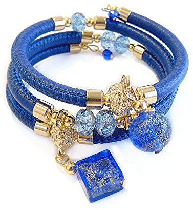 VENEZIA CLASSICA - Bracelet pour femme avec perles en verre de Murano original et cuir véritable Toscane à trois tours bleu, avec feuille en or 24 carats et argent, fabriqué en Italie certifié