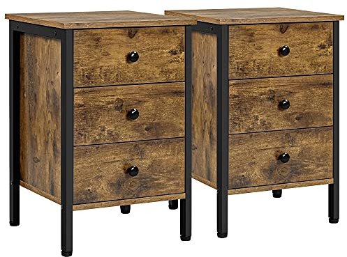 Yaheetech 2 Piezas Mesitas de Noche Industrial Mesillas de Noche Retro con Cajones Mesillas Auxiliares para Dormitorio Salón 40x40x61cm Cajonera Marrón