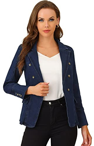 Allegra K Chaqueta de mezclilla de oficina de trabajo de manga larga con solapa de jeans para mujer con bolsillos Azul medio M
