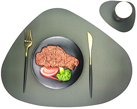 Zweifarbig Tischsets Lederoptik, Oval Leder Platzset und Untersetzer Abwischbar, Rutschfest Wasserdicht PVC Platzdeckchen für Küche, Restaurant, Hotel (Grün+Orange,6 Stück)