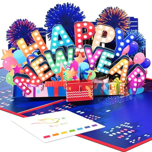 Magic Ants 3D Pop-Up Happy New Year Card – Festive Greeting Card with Fireworks, Balloons, and Gift Box Design, Perfect for New Year Celebration, Holiday Greetings, and Special Moments