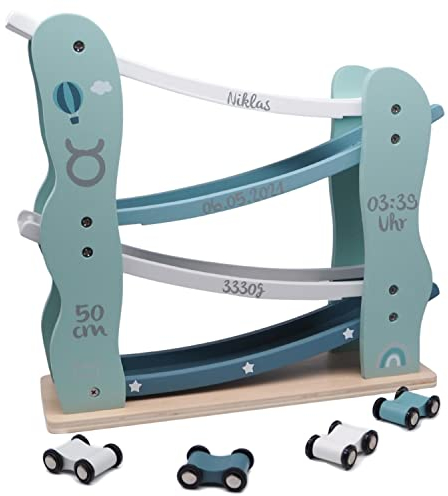 Label Label Kugelbahn inkl. Autos Olive - personalisierbar I Geschenk zur Geburt & Taufe I Kugelbahn Holz ab 1 Jahr I Personalisierte Geschenke Baby I Murmelbahn Holzmit Name & Geburtsdaten