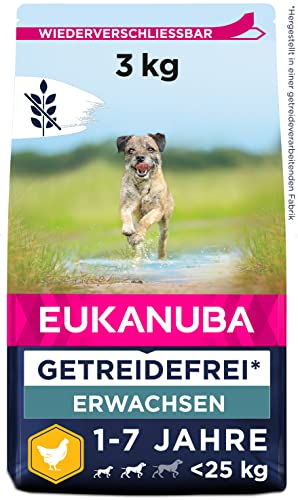 Eukanuba Hundefutter getreidefrei mit Huhn für kleine und mittelgroße Rassen - Trockenfutter für ausgewachsene Hunde, 3 kg