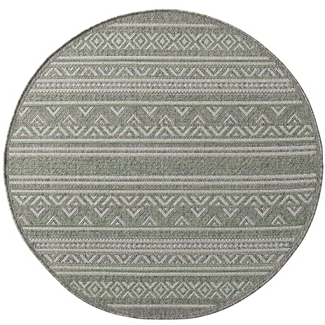 Taracarpet Outdoor Teppich Wetterfest Wohnzimmer Balkon Küchenteppich Flachgewebe Sisaloptik Muster Kelim grün 120x120 cm rund