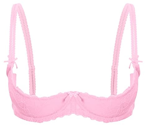 FEESHOW Women Sexy 1/4 Cup Bra Push Up Bralette Underwire Lace Bra Open Breast Brassiere Underwear Pink B XL