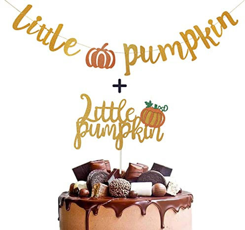 GotGala Little Pumpkin Banner Gold Glitter Girlande mit kleinen Kürbis Kuchen Topper für Kindergeburtstag Party Dekor Herbst Thanksgiving Little Kürbis Baby Shower Dekorationen