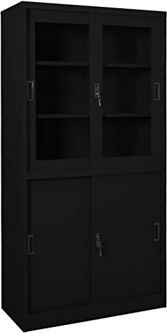 ZEYUAN Büroschrank mit Schiebetür, Aktenschrank, Werkzeugschrank, Metallschrank, Stahlschrank, Kellerschrank, Universalschrank, Lagerschrank, Garagenschrank, Schwarz 90x40x180 cm Stahl