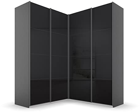 Rauch Möbel Quadra Schrank Eckschrank Schwebetürenschrank, Grau metallic/Glas basalt, Schwarz, 4-trg., inkl. 2 Kleiderstangen, 12 Einlegeböden, 3 Schubladen, BxHxT 181x229x187 cm