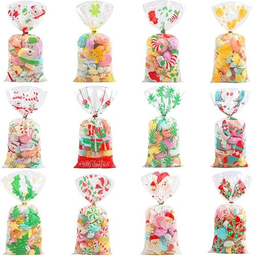 JOFONY 144 Stück Weihnachten Süßigkeiten Tüten,Transparent Weihnachtstüten Geschenktüten für Süßigkeiten Kekse Pralinen,Cellophantüten mit 150 Stück Twist Krawatten