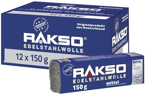 RAKSO Edelstahlwolle mittel - 1,8 kg, 12 Banderolen à 150g rostfrei, entfernt hartnäckige Ablagerungen von Fliesen, Keramik - Böden im Nassbereich