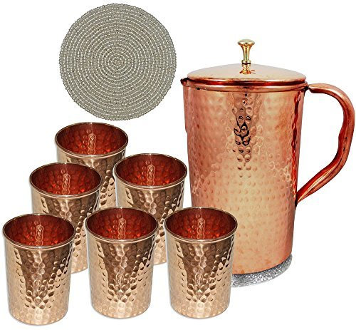 Carafe indienne en cuivre pur avec 6 verres pour la guérison ayurvédique, capacité 1,6 l