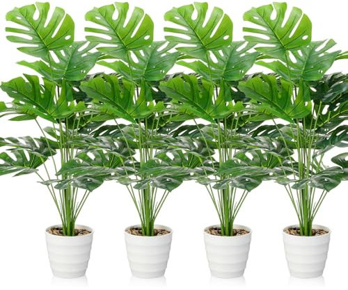 Künstliche Monstera Deliciosa-Pflanzen in weißen Töpfen, künstliche tropische Palmwedel mit Schildkrötenblättern, grüner Stiel, Hochzeit, Party-Dekoration (71.1 cm)