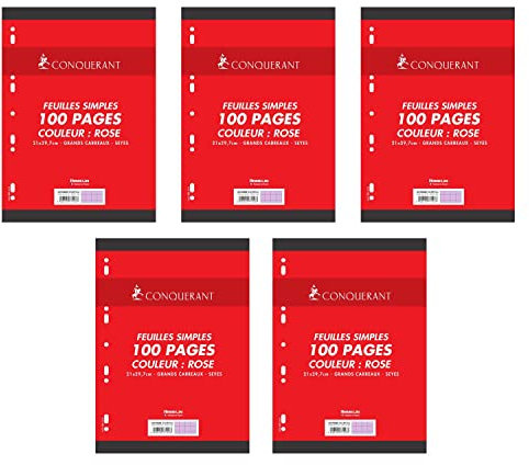 CONQUÉRANT Lot de 5 Feuilles Simples A4 Seyès 100 Pages 80g Grands Carreaux Sous Film Roses