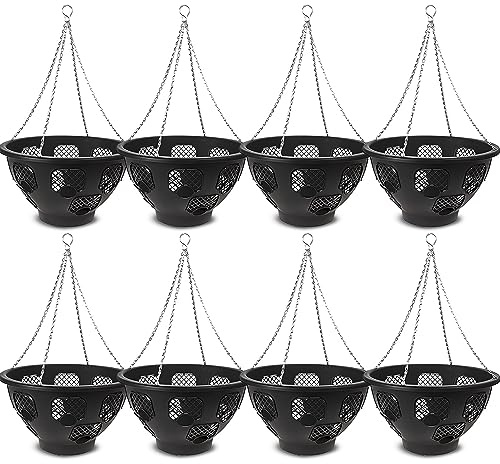 Original Easy Fill Set of 8 Hanging Basket - 14 Inch Black Hanging Planters for Balcony, Indoor, or Outdoor - Plastic Planters for Herb, Flowers, or Plants