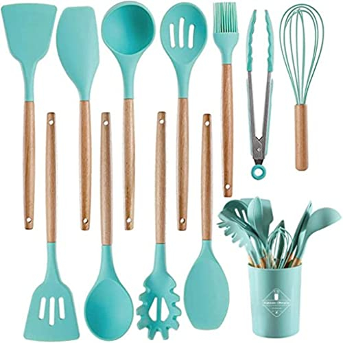 AHASON'S Extra Thick Silicone Layer Cooking Utensils Set 230°C-446°F Heat Resistant, Turner Tong,Spoon,Spatula,Brush,Whisk with Holder Kitchen Gadgets Tools Non-Stick Cookware,BPA Free (Mint Green)